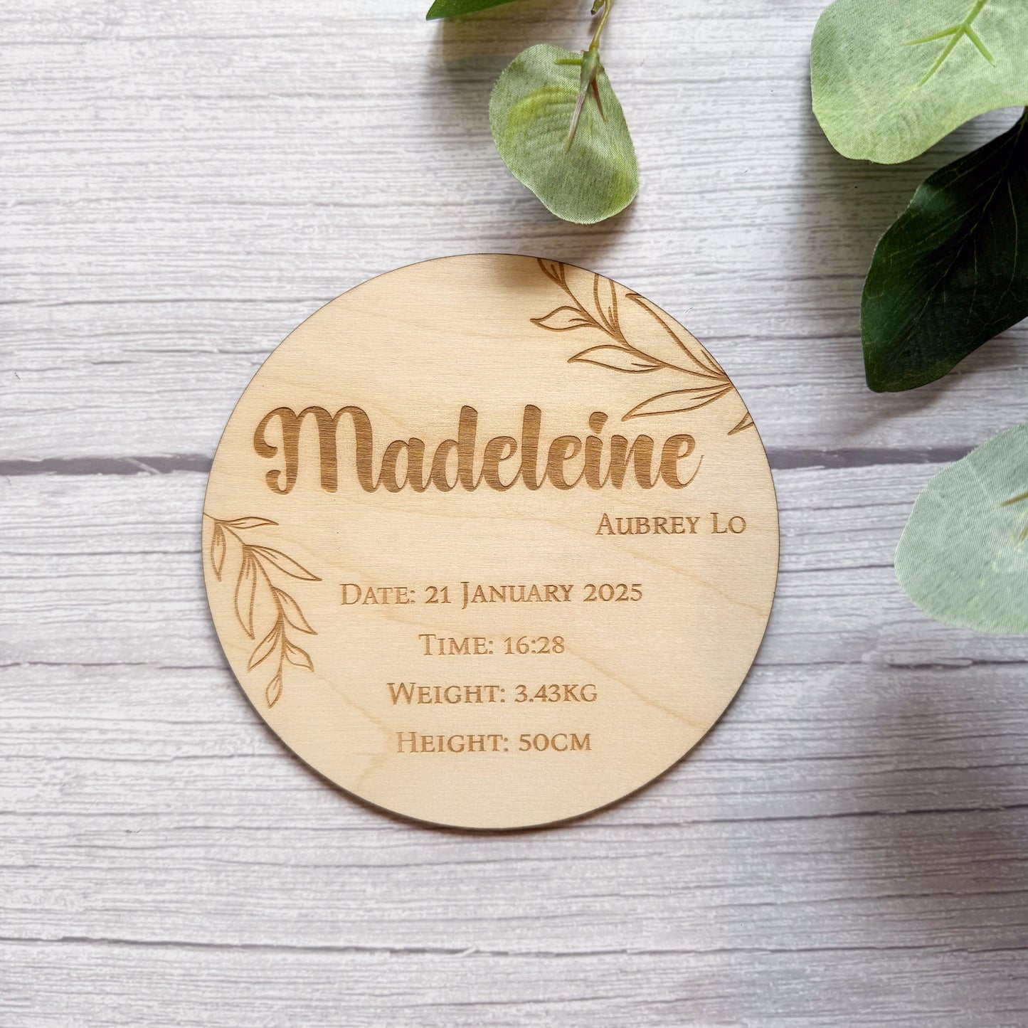 Newborn Baby Announcement Wooden Milestone Disc - Laser