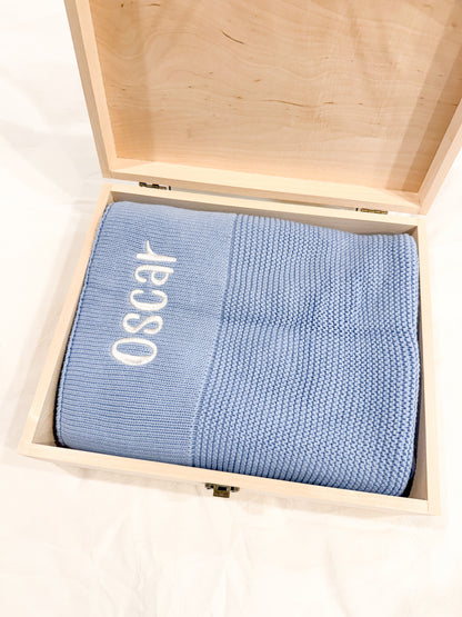 Personalised Organic Cotton Knitted Blanket in Wooden Keepsake Box - Luxury Newborn Gift