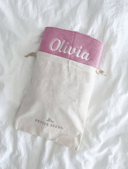 Personalised Knitted Baby Blanket - 100% Cotton with Embroidered Name | Gift-Ready in Canvas Drawstring Bag