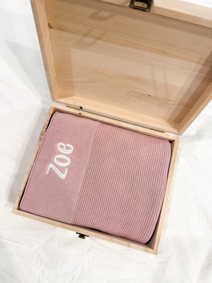 Personalised Organic Cotton Knitted Blanket in Wooden Keepsake Box - Luxury Newborn Gift