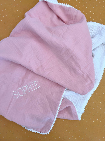 Personalised Muslin Pompom Baby Blanket - Lightweight Summer Cotton Blanket