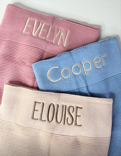 Personalised Knitted Baby Blanket - 100% Cotton with Embroidered Name | Gift-Ready in Canvas Drawstring Bag