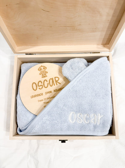 Little Splash Newborn Gift Box - Personalised Hooded Towel & Wooden Keepsake Box Set