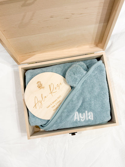 Little Splash Newborn Gift Box - Personalised Hooded Towel & Wooden Keepsake Box Set