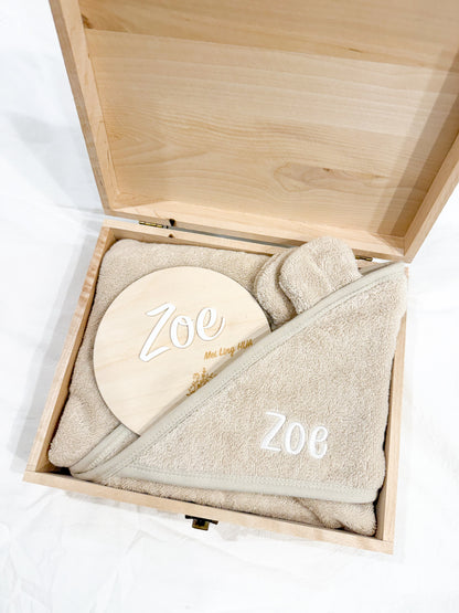 Little Splash Newborn Gift Box - Personalised Hooded Towel & Wooden Keepsake Box Set