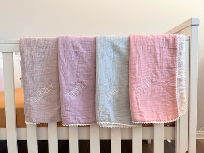 Personalised Muslin Pompom Baby Blanket - Lightweight Summer Cotton Blanket