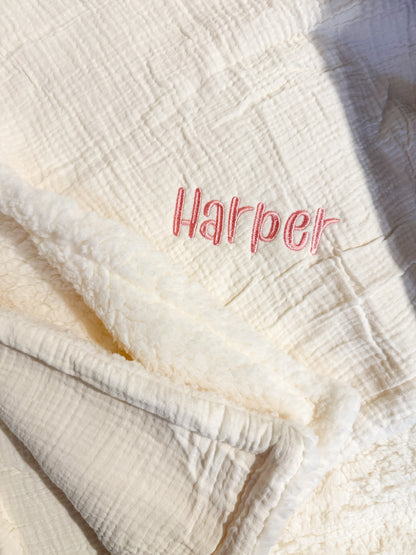 Personalised Muslin & Sherpa Baby Blanket - Neutral Cot Blanket