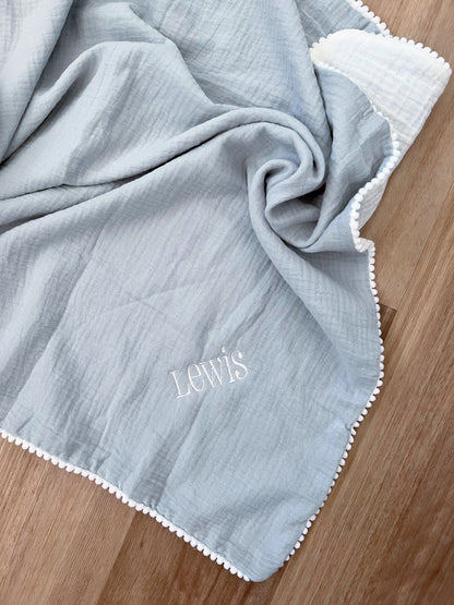 Personalised Muslin Pompom Baby Blanket - Lightweight Summer Cotton Blanket