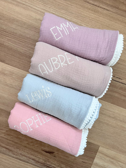 Personalised Muslin Pompom Baby Blanket - Lightweight Summer Cotton Blanket