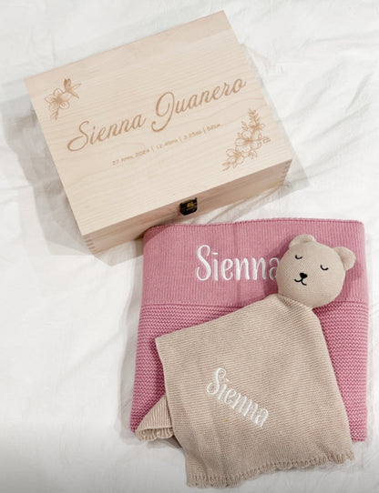 Personalised Newborn Gift Set - Wooden Keepsake Box, Knitted Blanket & Bear Comforter