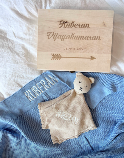 Personalised Newborn Gift Set - Wooden Keepsake Box, Knitted Blanket & Bear Comforter