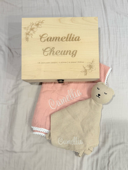 Personalised Newborn Gift Set - Wooden Keepsake Box, Muslin Blanket & Knitted Bear Comforter