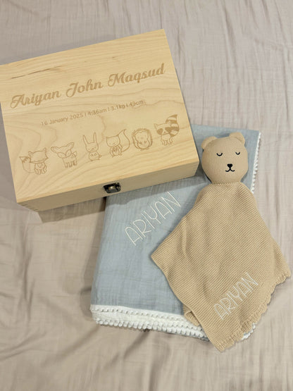 Personalised Newborn Gift Set - Wooden Keepsake Box, Muslin Blanket & Knitted Bear Comforter