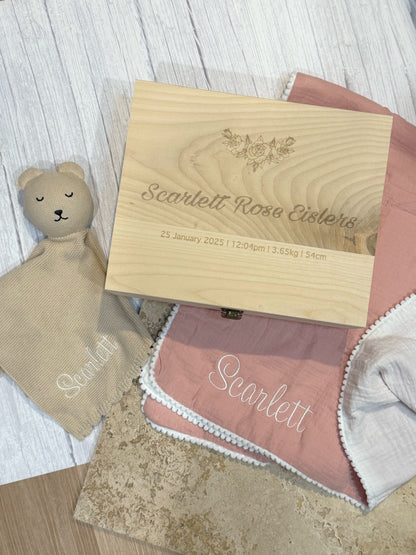 Personalised Newborn Gift Set - Wooden Keepsake Box, Muslin Blanket & Knitted Bear Comforter