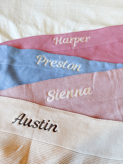Personalised Knitted Baby Blanket - 100% Cotton with Embroidered Name | Gift-Ready in Canvas Drawstring Bag
