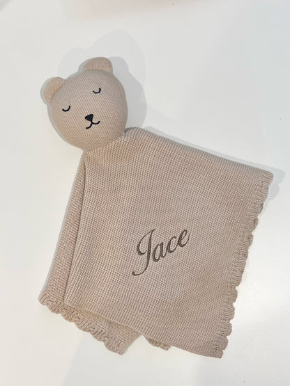 Personalised Knitted Bear Comforter - Snuggle Bear Baby Blanket Buddy