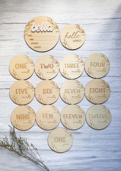 Personalised Wooden Baby Milestone Discs - 15-Piece Monthly Photo Set
