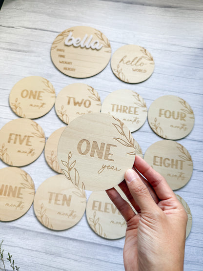 Personalised Wooden Baby Milestone Discs - 15-Piece Monthly Photo Set