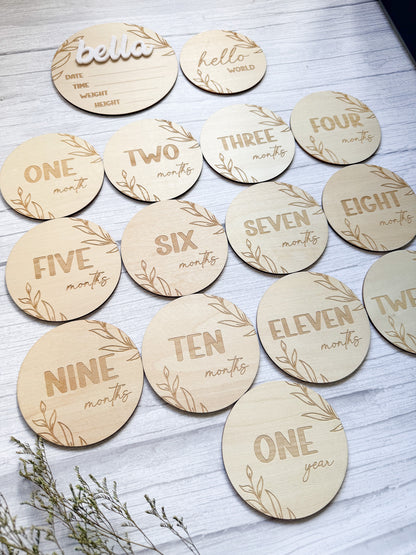 Personalised Wooden Baby Milestone Discs - 15-Piece Monthly Photo Set