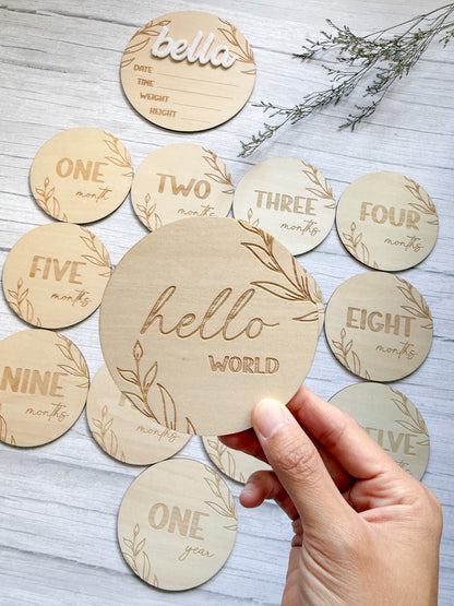 Personalised Wooden Baby Milestone Discs - 15-Piece Monthly Photo Set