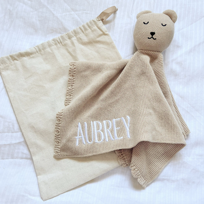 Personalised Knitted Bear Comforter - Snuggle Bear Baby Blanket Buddy