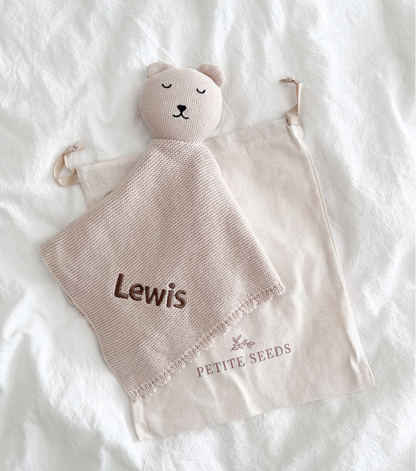 Personalised Knitted Bear Comforter - Snuggle Bear Baby Blanket Buddy